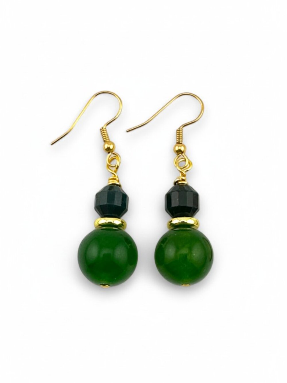 Green Jade Bloodstone Earrings Handmade Gold Plated Gemstone Dangle 2" Drop - Picture 3 of 10